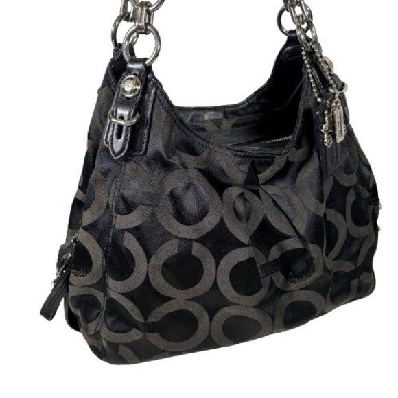 Coach Maggie Shoulder Bag Optic Op Art Signature Black on Black Hobo Purse 15757 - Picture 2 of 16